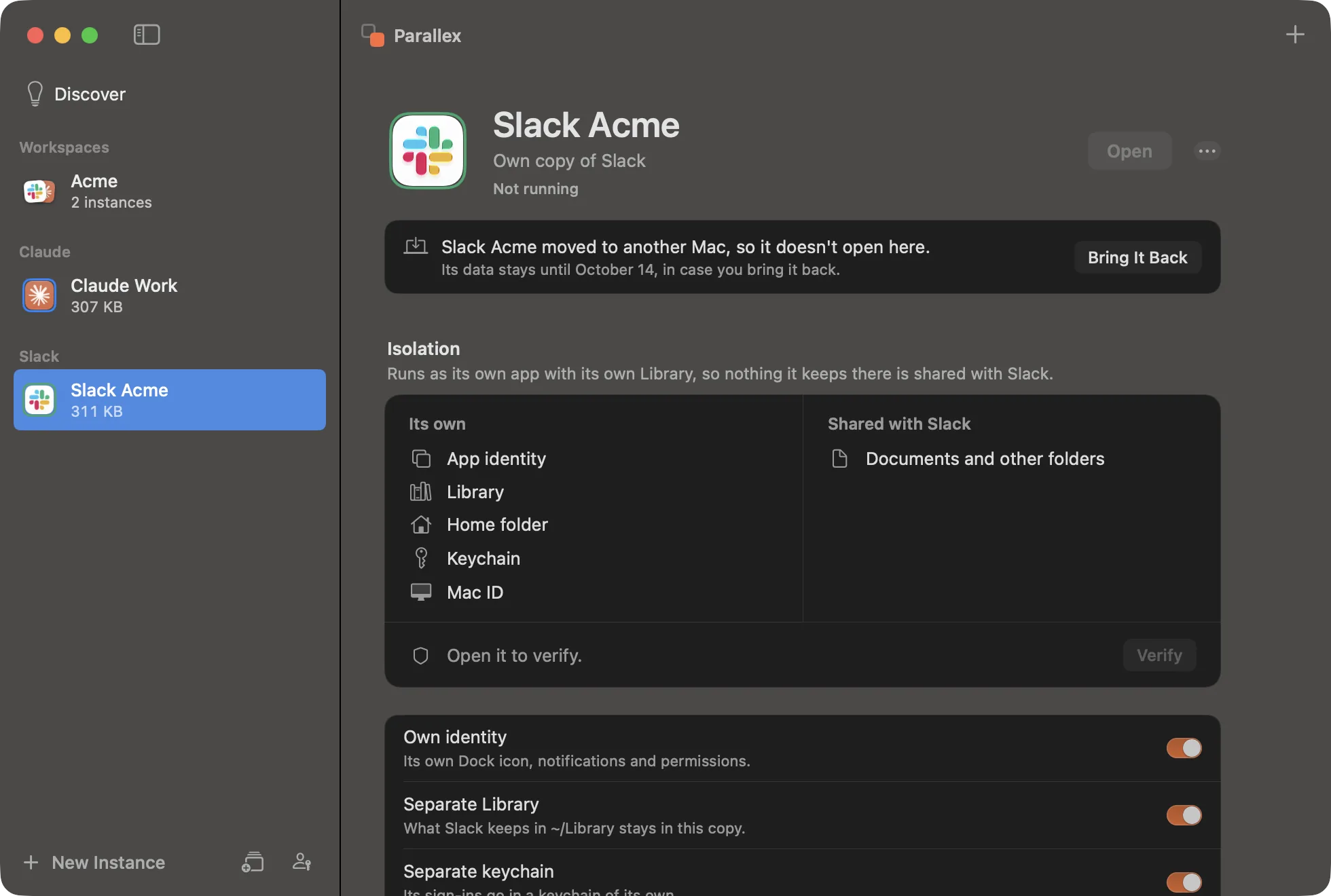 Slack Acme's page on the old Mac after the move: it doesn't open here, and its data stays until October 14 in case you bring it back.
