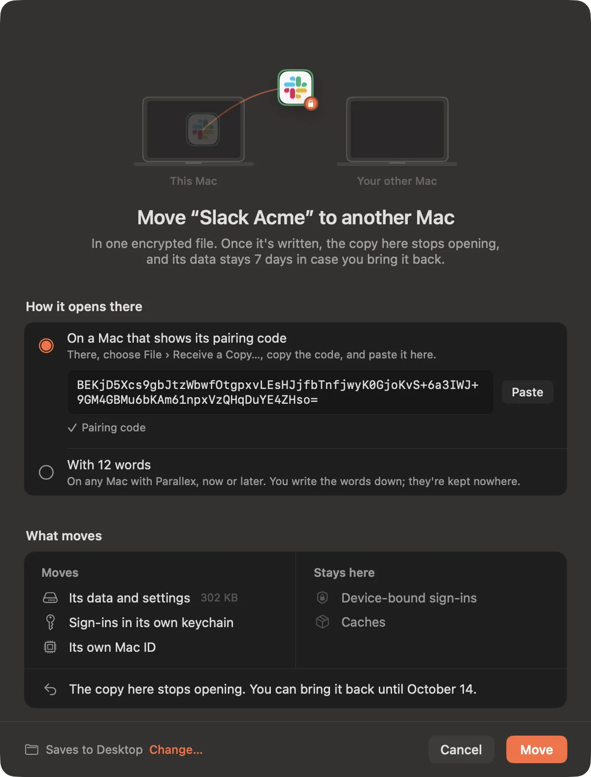 Move Slack Acme to another Mac, with the other Mac's pairing code pasted in and Move ready.