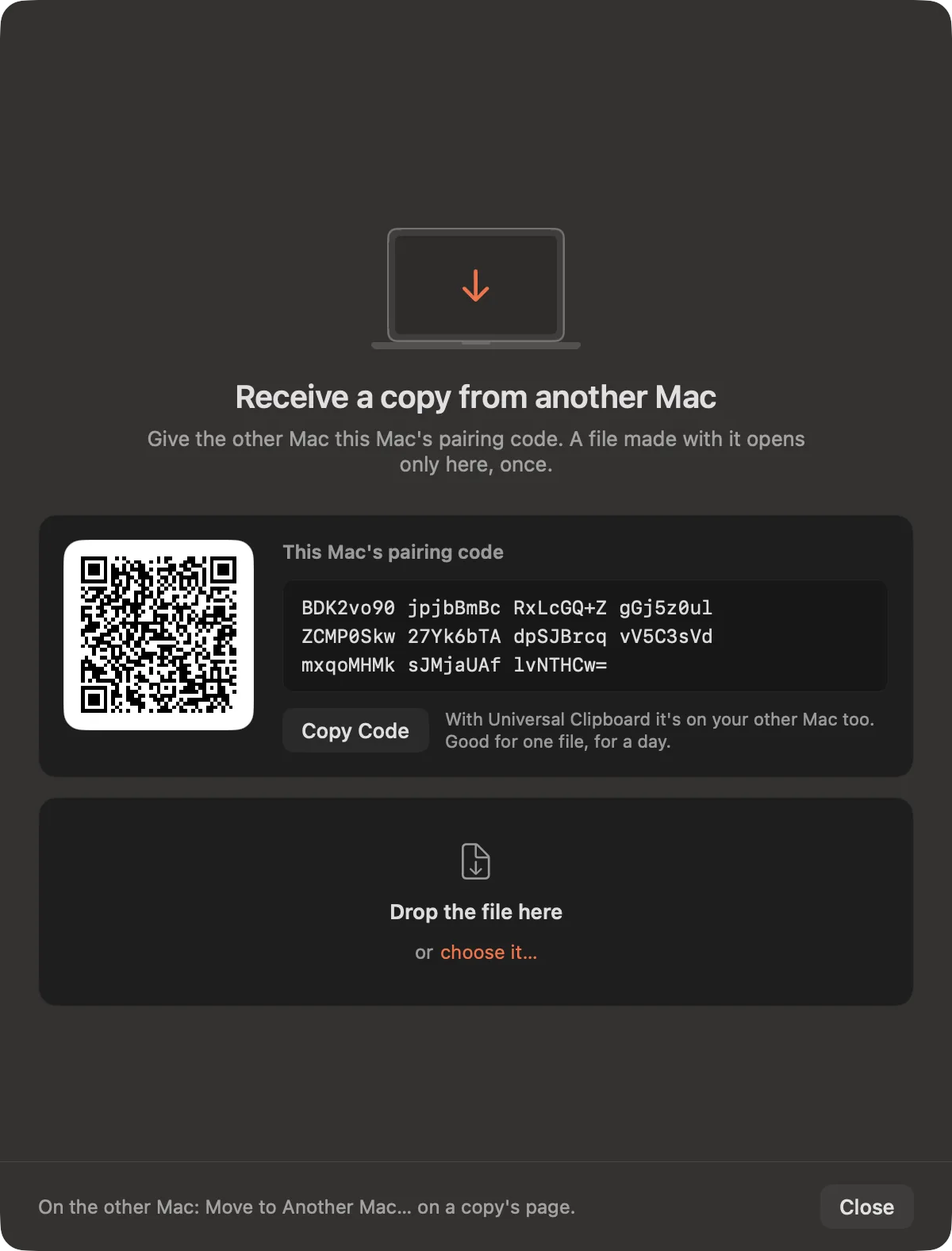 Receive a Copy from Another Mac: this Mac's pairing code, to copy, and a place to drop the file.
