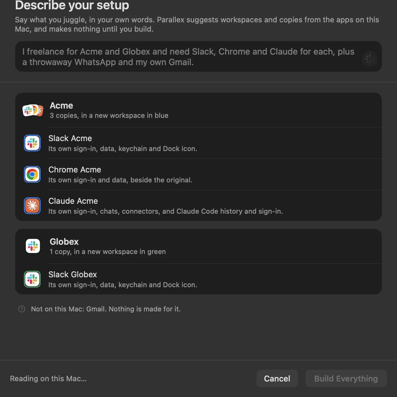 Describe Your Setup reading the sentence on the Mac, with Acme and Globex workspaces appearing as it goes.