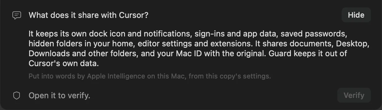 A copy's page answering What does it share with Cursor? in plain words, put into words by Apple Intelligence on the Mac.