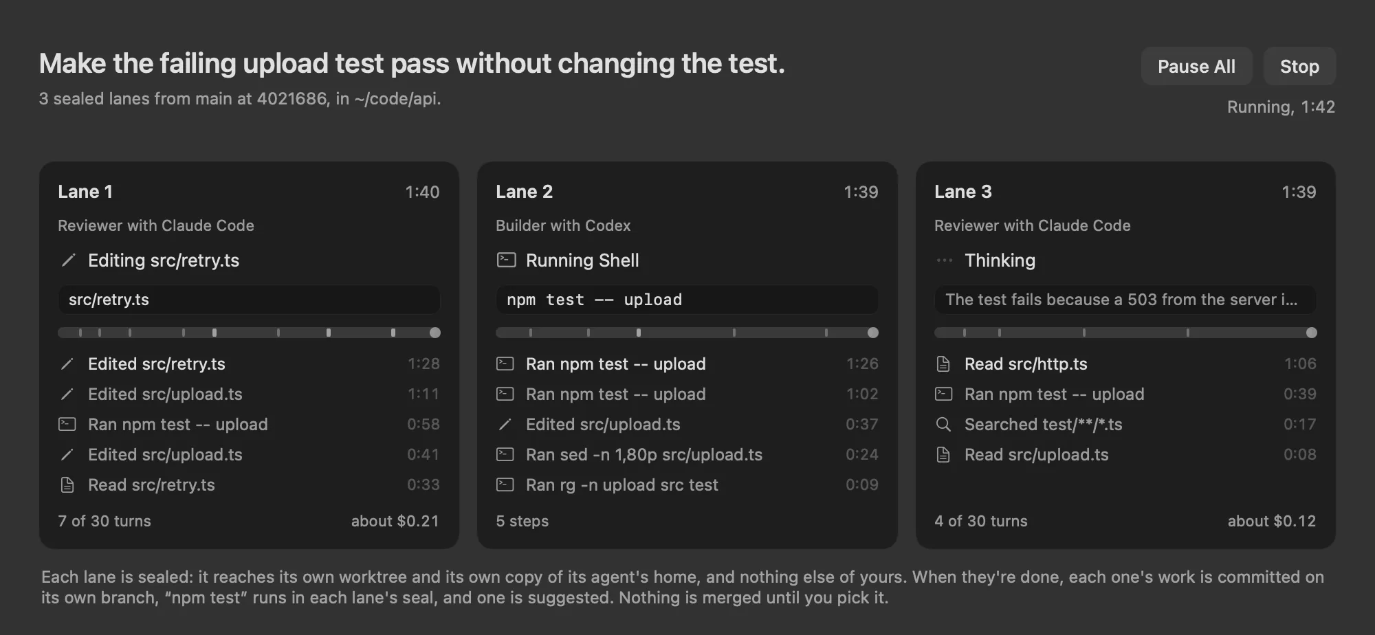 A fleet of three sealed lanes working on one task: two with Claude Code and one with Codex, each editing and testing in its own worktree.
