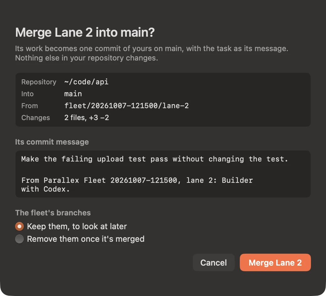 Merge Lane 2 into main?: one commit with the task as its message, keeping or removing the fleet's branches.