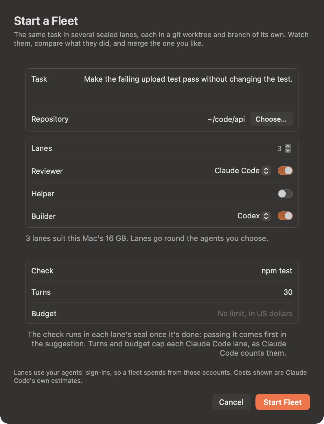 Start a Fleet: the task, the repository, three lanes with Claude Code and Codex, a check command, turns and a budget.