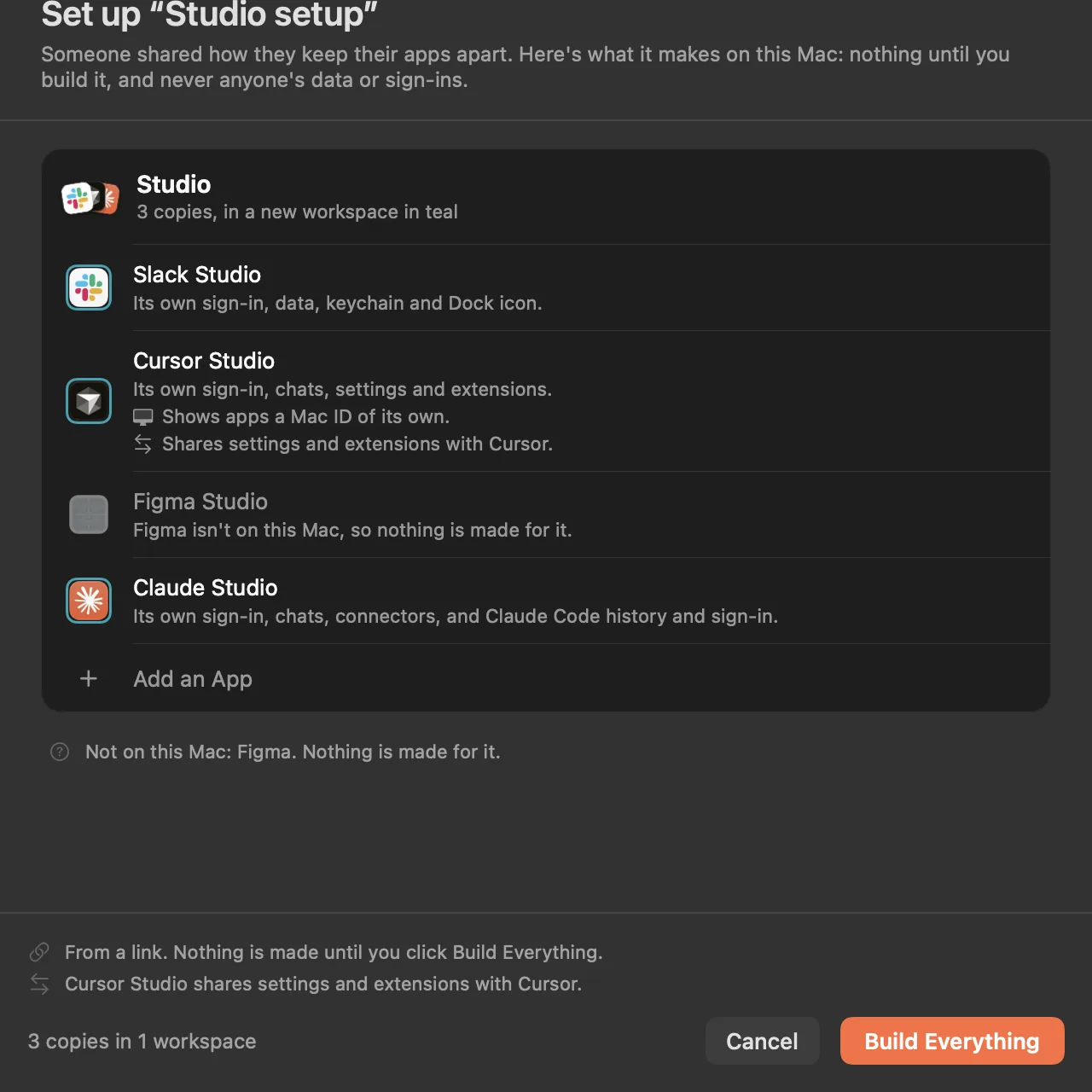 Parallex showing a shared setup before making anything: a Studio workspace with Slack, Cursor and Claude copies, and Figma skipped because it isn't on this Mac.