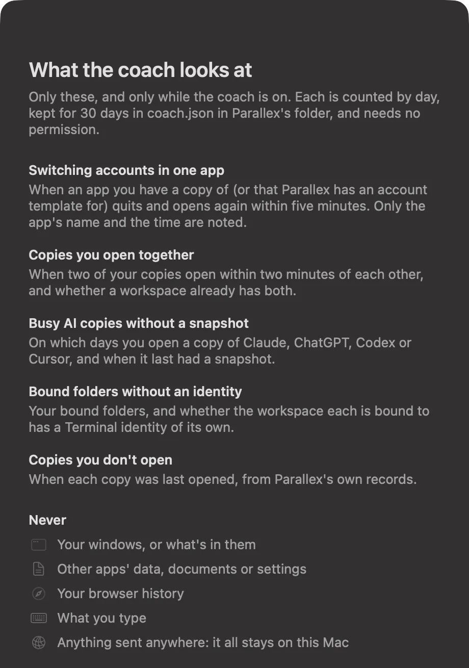What the coach looks at, in Parallex: each pattern and exactly what it notes, then the things it never looks at