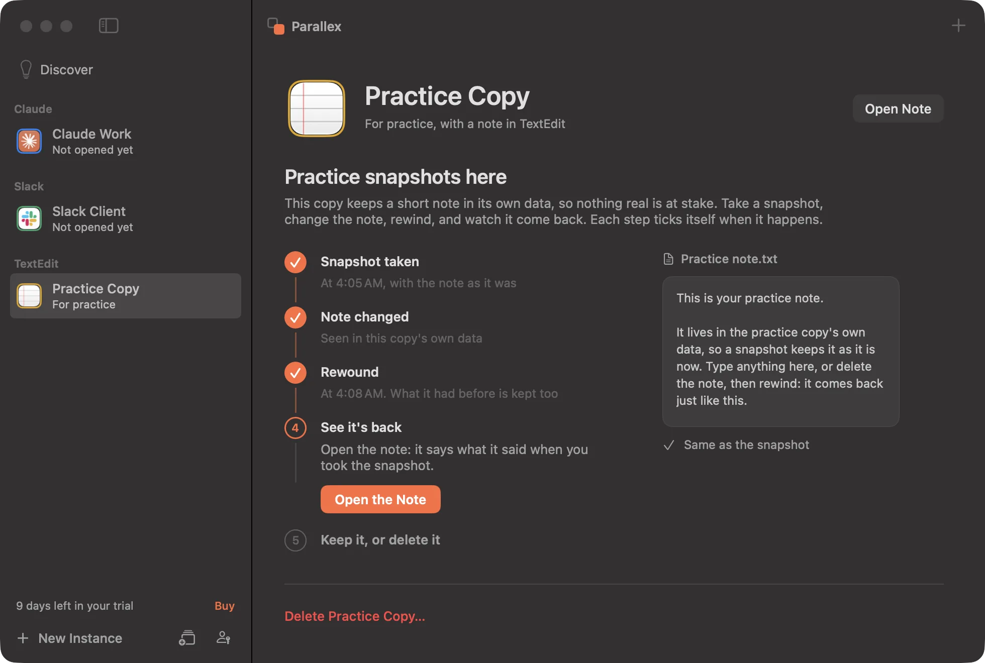 The practice copy's page: Snapshot taken, Note changed and Rewound ticked off, with See it's back next and the note beside, the same as the snapshot