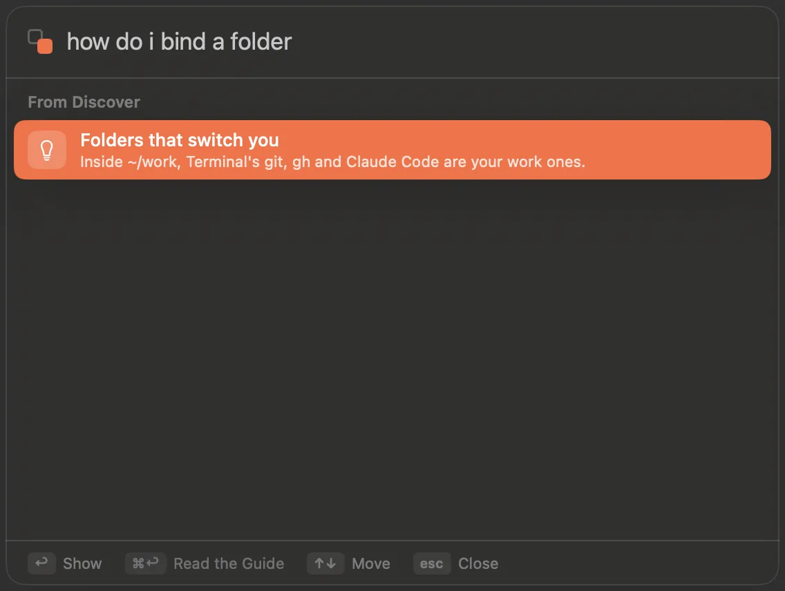 The switcher with how do i bind a folder typed, answering with the Discover entry Folders that switch you