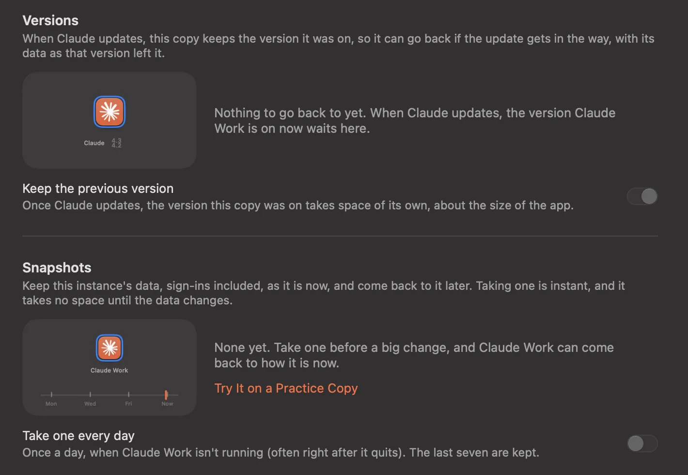 A copy's page in Parallex: Versions, with Keep the previous version, and Snapshots, with Take one every day and Try It on a Practice Copy